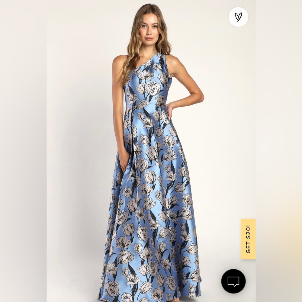 Exquisite Elegance Blue Jacquard One-Shoulder Maxi Dress size: Medium